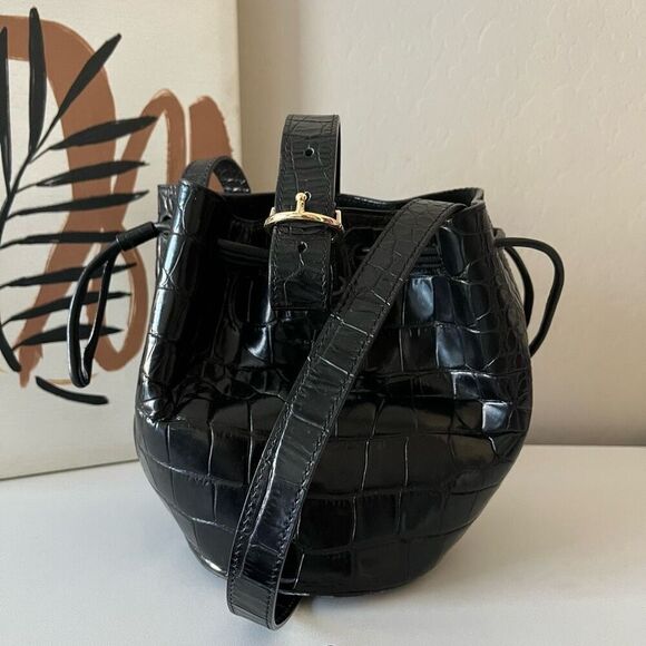 Cuyana Black Croc Embossed Leather Round Drawstring Bucket Crossbody Bag Purse - Picture 1 of 15